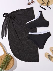 Women's Fashionable Plus-size Bikini Set With Net Fabric Skirt, Asymmetrical Off-shoulder Solid-colored Swimsuit, Beach Style (Option: 5XL-Black)