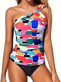 Women's Tankini Set, Random Print, Color-blocked One-shoulder Asymmetrical Two-piece, Vacation Style (Option: S-Colour)