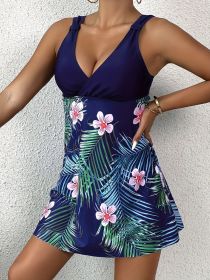 Women's Fashion Tankini Set, Sexy Solid Color V-neck Floral Print Swimsuit (Option: S-Navy blue)