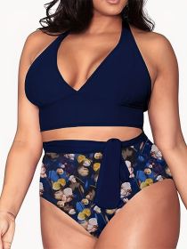Women's Large-size Bikini Set With A V-neck And Large Floral Pattern For A Beachy Look (Option: 1XL-Navy blue)