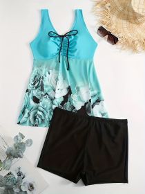 Women's Floral Print Breast Drawstring Tankini Set Skirt Boxers Two-piece Vacation Look (Option: Pattern and colour-S)