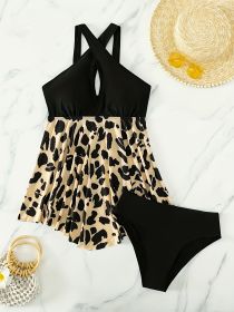 Women's Fashion Tankini Set, Sexy Backless Cross Leopard Print Swimsuit, Vacation Style (Option: S-Black)