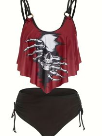 Women's Fashionable And Sexy Tankini Set, With Ruffled Edges And Halloween Skull Print, Two-piece Swimsuit, Vacation Style. (Option: S-Wine red)