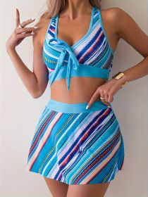 Women's Tankini Swimsuit Set, Random Print, Sexy Striped Cross Straps, Two-piece Swimsuit, Vacation Style (Option: S-Sky blue)