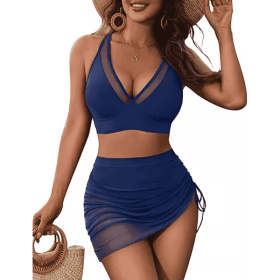 Womens Two Piece High Waisted Bikini Sets Tummy Control Swimsuits Mesh Sarong Wraps Bathing Suits (Option: Navy Blue-S)