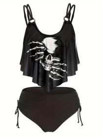 Women's Fashionable And Sexy Tankini Set, With Ruffled Edges And Halloween Skull Print, Two-piece Swimsuit, Vacation Style. (Option: S-Black)