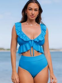 Women's Large-size Bikini Set With Solid Color Ruffled Edges And A Beachy Style (Option: 1XL-Dodge Blue)