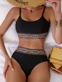 Eopard Print Mesh Contrast Band 2 Piece Set Bikini, Black Scoop Neck High Strech Swimsuit, Women's Swimwear & Clothing (Option: Black-S)