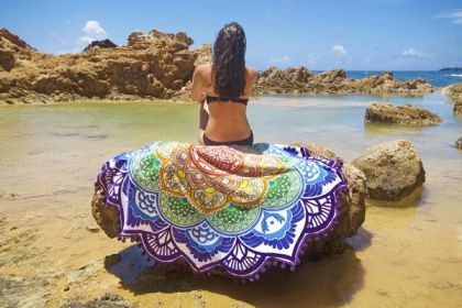 Polygon Printing Tassel Round Bath Towel Yoga Mat (Color: purple)