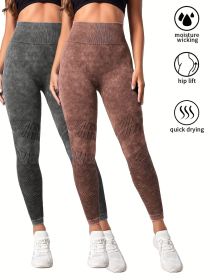 2 Pack Women's Seamless Washed Wide Waistband Sports Leggings, Women's High Waist Yoga Leggings (Color: 2PACK6, size: M)