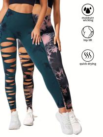2 Pack Hollow Sexy High Elastic Women's Tie Dye Cutout Tights High Waist Workout Yoga Leggings, Scrunch Butt Lifting Elastic Pants (Color: 2PACK11, size: M)