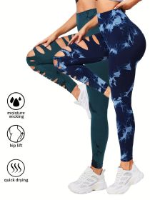 2 Pack Hollow Sexy High Elastic Women's Tie Dye Cutout Tights High Waist Workout Yoga Leggings, Scrunch Butt Lifting Elastic Pants (Color: 2PACK7, size: S)