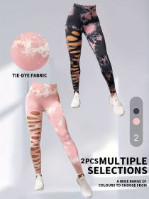 2 Pack Hollow Sexy High Elastic Women's Tie Dye Cutout Tights High Waist Workout Yoga Leggings, Scrunch Butt Lifting Elastic Pants (Color: 2PACK3, size: L)