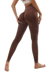 Women's Hollow Wide Band Waist Sports Leggings With Butt Ruching, Scrunch Butt Lifting Tights Seamless Yoga Tummy Control Pants (Color: Coffee, size: L)