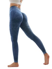 Women's Hollow Wide Band Waist Sports Leggings With Butt Ruching, Scrunch Butt Lifting Tights Seamless Yoga Tummy Control Pants (Color: Blue, size: L)