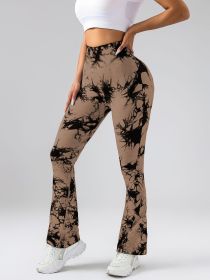 High-Waist Tummy Control Flare Yoga Pants For Women, Tie-Dye Stretch Slimming Bootcut Workout Pants, Fitness & Sports Activewear (Color: Coffee, size: M)