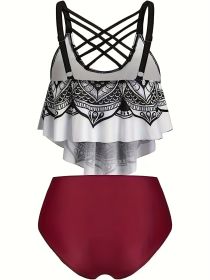 Women's Fashionable Plus-size Tankini Set - Sexy Cross-strap Skull Print Swimsuit Set, Beach Style. (Option: White-1XL)