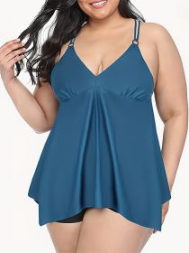Women's Plus-size Tankini Set, Briefs, Skirt-style, Solid-color Swimsuit, Vacation Style (Option: 1XL-Peacock blue)
