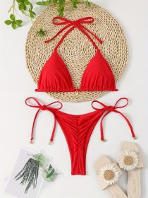 Sexy V-shaped Bikini Set For Women, Solid Color, Thong, Shell Clasp, Bikini (Option: XL-Red)